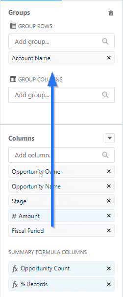 Move the 'Fiscal Period' field into the Group Rows section of the Report Builder Sidebar, under 'Account Name'