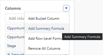 Selecting the 'Add Summary Formula' option from the caret menu in the Columns section of the Report Builder sidebar on the Outline tab