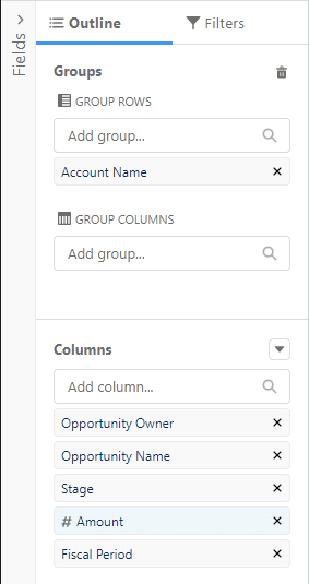 Report Builder Sidebar (Outline tab) from a Salesforce Opportunity report, with 'Account Name' field in the Group Rows section and 'Opportunity Owner', 'Opportunity Name', 'Stage', 'Amount', and 'Fiscal Period' in the Columns section