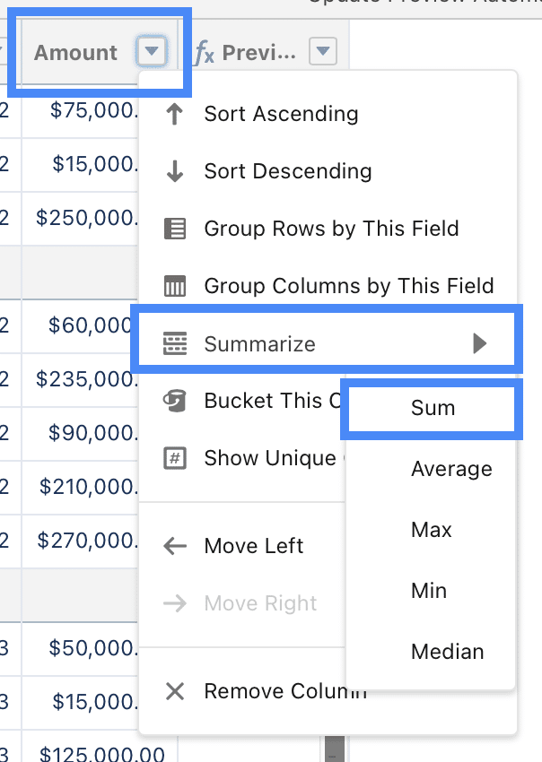 Clicking the Caret next to Amount reveals additional field options in the report.  Choosing Summarize, and then Sum adds data to the subtotal rows in the report that adds the value of that column together at each grouping level.