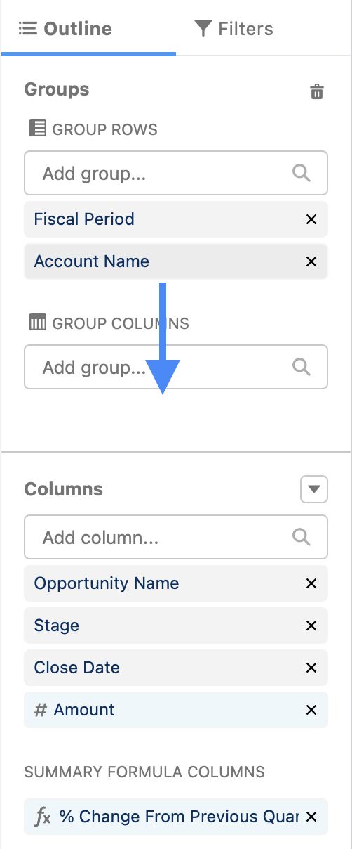 In the Report Outline sidebar, we're moving 'Account Name' down from Group Rows into Group Columns