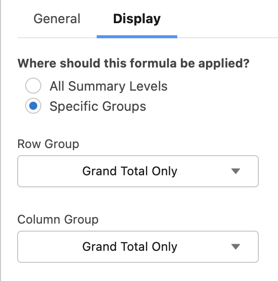 The 'Display' tab of the 'Summary Formula Editor' now gives an extra selector for 'Column Group'.  Both of the 'Row Group' and 'Column Group' selectors default to 'Grand Total Only'